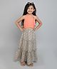 Taffykids Sleeveless Textured Crop Top With Floral Printed Tired Long Skirt Set - Peach & Green