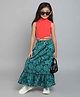 Taffykids Sleeveless Solid Crop Top & Floral Printed Tier Skirt Set - Red & Green