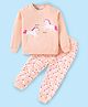 Smarty Girls Looper Knit Full Sleeves T-Shirt & Jogger Pant Set with Unicorn Print - Peach