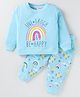 Smarty Girls Cotton Knit Full Sleeves T-Shirt & Lounge Pants Set With Text & Rainbow Print - Sky Blue