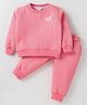 Smarty Girls Fleece Knit Full Sleeves Striped Winter Wear Co-Ord Set With Butterfly Applique - Pink
