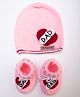 The Original Knit Heart & Dad Text Designed Crochet Cap & Coordinating Booties Set - Baby Pink-  Diameter 38 Cms