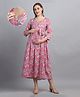 Moms Maternity Cotton Slub Three Fourth Sleeves Floral Printed Maxi Wrap Dress With Concealed Zipper Nursing Access - Pink