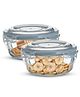 Bergner Borosilicate Glass Side Lock Storage Round Container with Lid - 400ml, Clear, Ice Blue Gasket (Set of 2)