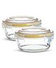 Bergner Borosilicate Glass Side Lock Storage Round Container with Lid - 400 ml, Clear, Yellow Gasket (Set of 2)