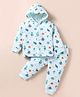 Doreme Knit full Sleeves Hooded Front Open NightWear Suit Co-Ord Set with Aquatic Animal Print - Aqua Blue