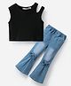 Kookie Kids Sleeveless Solid Colour Top & Denim Jeans Set With Bow Applique - Black & Blue