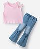Kookie Kids Sleeveless Solid Colour Top & Denim Bell Bottom Jeans Set With Bow Applique - Pink & Blue