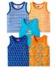 Babyhug 100% Cotton Knit Sleeveless Antibacterial Sando Striped Star & Shark Print Pack of 5 - Navy Orange & White