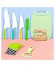 Cots and Cuddles 8pc Set of Chopping Board, Peeler, Slicer, Plastic Serrated Knife and Wooden Knife for Kids Kitchen Fruits & Vegetable Cutting Tools (Random Colour)