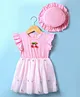Kookie Kids Cotton Knit Frill Sleeves Frockstyle Onesie with Cap & Cherry Applique and Embroidery - Pink