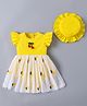 Kookie Kids Cotton Frill Sleeves Pineapple Embroidered Frock Style Onesie with Hat & Cherry Applique - Yellow