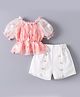 Kookie Kids Half Puffed Sleeves Top & Shorts Set with Floral Print & Embroidery - Peach & White