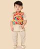 little desi Full Sleeves Solid Kurta with Coordinating Pyjama & Abstract Printed Jacket - Multi Colour