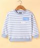 Little Kangaroos Fleece Knitted Full Sleeves Pullover Sweater With Striped Design & Text Patch - Light Blue