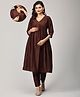 The Mom Store Silk Three Fourth Sleeves Solid Maternity Kurta With Nursing Access & Salwar Set - Brown