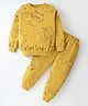 Nite Flite Cotton Knit Full Sleeves Cat Printed Coordinating Tee & Pajama Set - Mustard Yellow