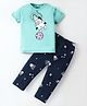 Nite Flite Cotton Knit Half Sleeves Astronaut Printed Tee & Pajama Set - Jade Green & Navy Blue