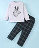 Nite Flite Cotton Knit Full Sleeves Reindeer Printed Tee & Checked Pajama Set - Light Grey & Green