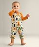 My Milestones 100% Cotton Animals Printed & Pocket Detailed Dungaree With Full Sleeves Lion Patch Printed Tee Set - Orange & Cream