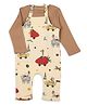 My Milestones 100% Cotton Animals Printed & Pocket Detailed Dungaree With Full Sleeves Solid Tee Set - Tan & Cream