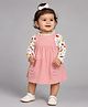 My Milestones 100% Cotton Pockets Detailed Dungaree Dress With Full Sleeves Floral & Fruits Printed Tee Set - Off White & Peach