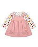 My Milestones 100% Cotton Pockets Detailed Dungaree Dress With Full Sleeves Floral & Fruits Printed Tee Set - Off White & Peach