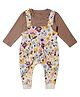 My Milestones 100% Cotton Bow & Pocket Detailed Floral Printed Dungaree With Full Sleeves Solid Tee Set - Ecru & Fawn