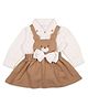 My Milestones Pure Cotton Bow Applique & Teddy Bear Detailed Dungaree Dress With Full Sleeves Solid Shirt - White & Tan