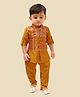 ETHNIKS NEURON Chanderi Silk Full Sleeves Solid Kurta Pyjama With Floral Embroidered Jacket - Mustard