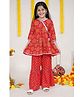 Kiddopanti Three Fourth Sleeves Sequins & Lace Embellished Ethnic Motif Printed Kurta With Sharara & Potli Bag - Red & Black