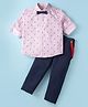 ToffyHouse 100% Cotton Knit Full Sleeves Striped & Nautical Theme Printed Shirt Trouser Set with Bow & Suspender - Navy Blue