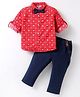 ToffyHouse 100% Cotton Knit Full Sleeves Nautical Theme Printed Shirt Trouser Set with Bow & Suspender - Navy Blue