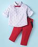 ToffyHouse 100% Cotton Knit Full Sleeves Striped & Nautical Theme Printed Shirt Trouser Set with Suspender & Bow - Red