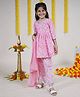 Kiddopanti Three Fourth Sleeves Lace & Pearls Embellished Self Designed Kurta With Sharara & Dupatta Set - Pink