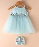 Bluebell Net Woven Sleeveless Party Dress With Floral Applique & Pair of Booties - Sea Green