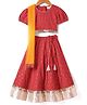 Saka Designs Rayon Woven Puffed Sleeves Choli Lehenga Set with Floral Foil Print Lace Detailing & Dupatta- Red and Golden