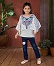 Aarika Georgette Bat Wing Sleeves Floral Printed With Attached Cape Top & Jeans Set - White & Navy Blue