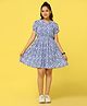 Fashion Dream Chiffon Half Sleeves Floral Printed & Lace Embellished Dress - Blue