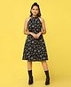 Fashion Dream Georgette Sleeveless Floral Printed & Beads Embellished Dress With Belt - Black