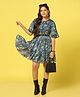 Fashion Dream Georgette Half Bell Sleeves Floral Printed & Foil Printed Dress - Blue