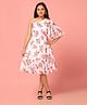 Fashion Dream Georgette One Shoulder Half Bat Wing Sleeves Floral Printed & Striped Dress - White