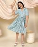 Fashion Dream Half Puffed Sleeves Leaves Printed Dress With Belt - Sea Green