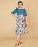 Fashion Dream Georgette Lycra Half Sleeves Frills Designed Top With Floral Printed Skirt - Teal Blue