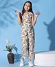 Fashion Dream Sleeveless Leaves Printed Self Design Jumpsuit - Beige