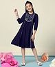 Fashion Dream Rayon Three Fourth Sleeves Floral Embroidered & Lace Embellished Dress - Navy Blue