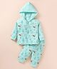 Tango Fleece Knit Full Sleeves Front Open Hooded Jhabla & Pant Set With Bunny Print - Light Blue