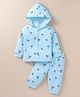 Tango Fleece Knit Full Sleeves Front Open Hooded Jhabla & Pant Set With Floral Print - Light Blue