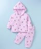 Tango Fleece Knit Full Sleeves Front Open Hooded Jhabla & Pant Set With Floral Print - Light Pink