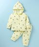 Tango Fleece Knit Full Sleeves Front Open Hooded Jhabla & Pant Set With Floral Print - Light Yellow